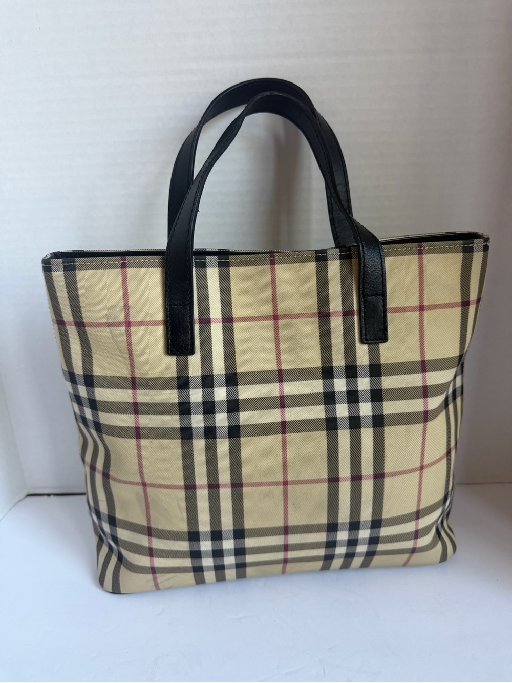 Burberry Beige Plaid Tote with Black Leather Handles